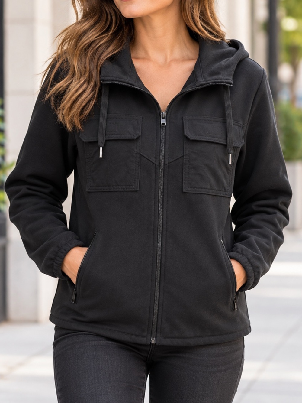 Hollister Black Utility Hooded Jacket Cargo Pockets Size Large